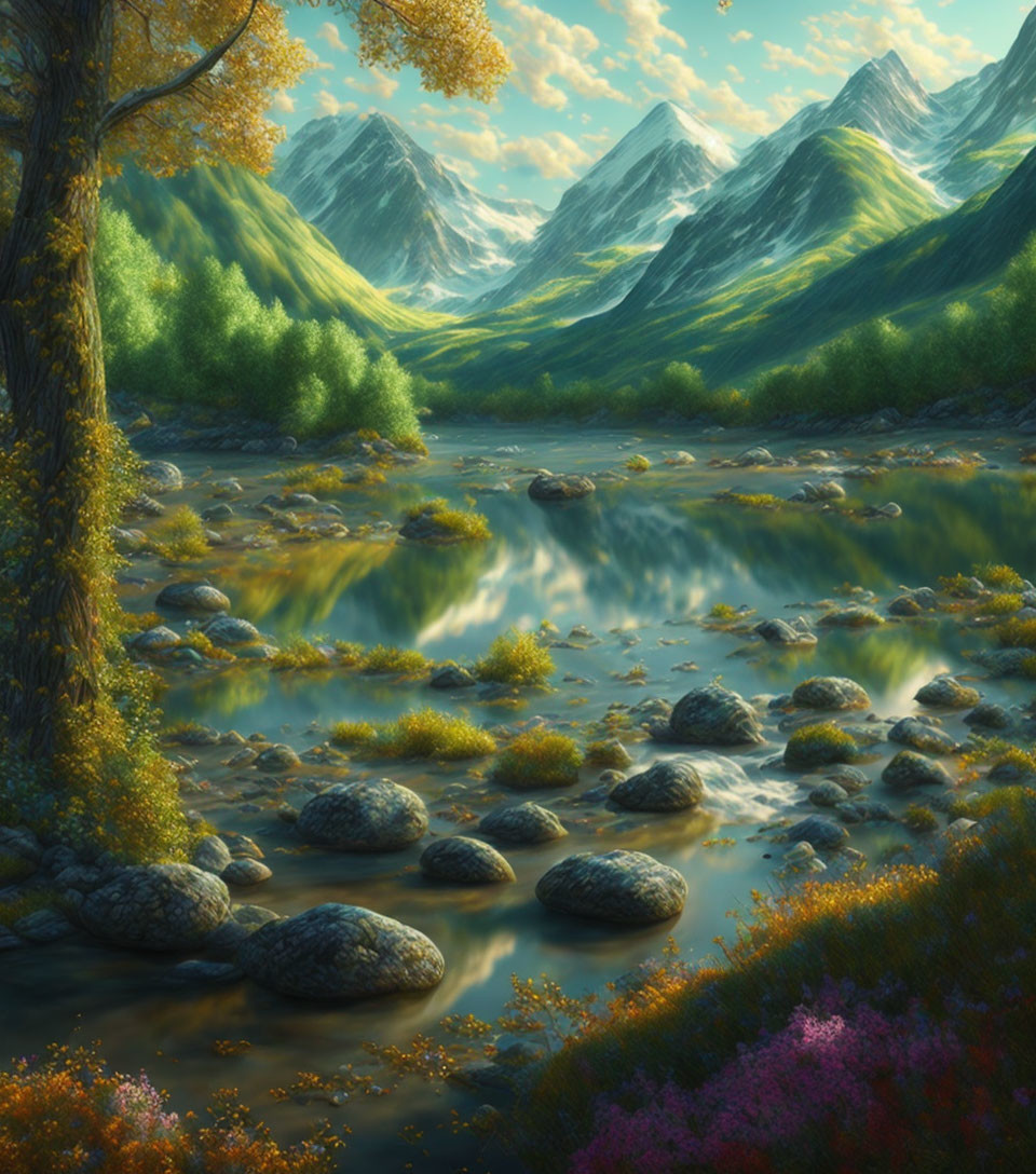 Tranquil landscape with river, stepping stones, greenery, and mountains