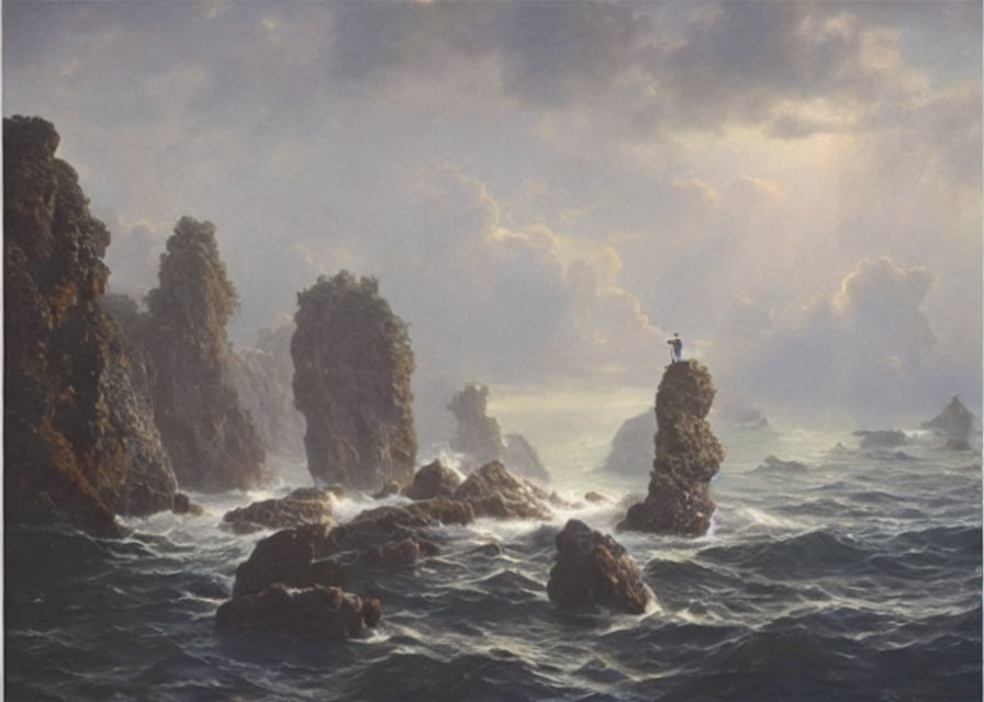 Stormy Sea Painting with Sunlight, Rocky Formations, and Lighthouse