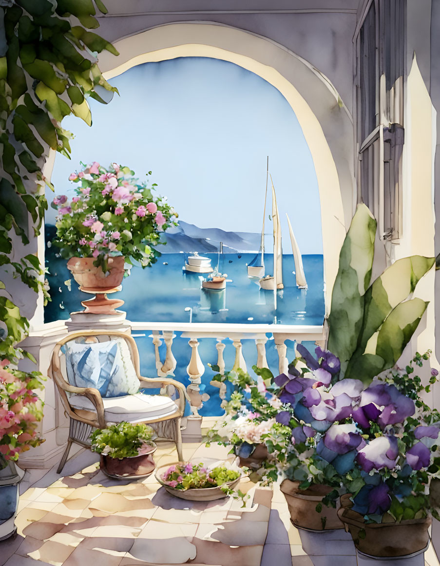 Serene Watercolor Painting: Balcony Overlooking Sea