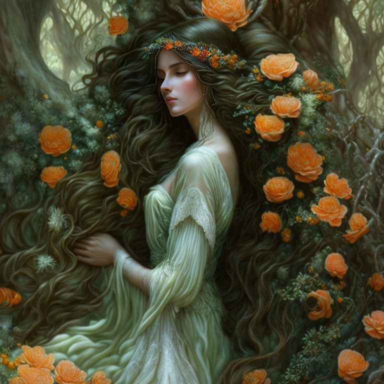 Woman with flowing hair and orange flower crown in enchanted forest