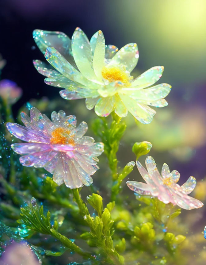 Glistening Dew-Covered Flowers in Sunlight