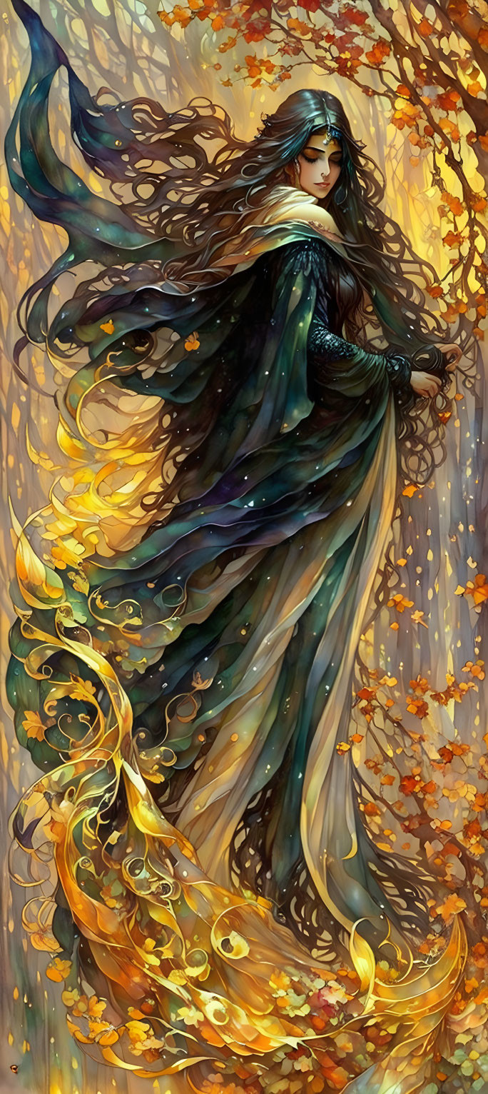 Ethereal woman in flowing gown amid swirling autumn leaves