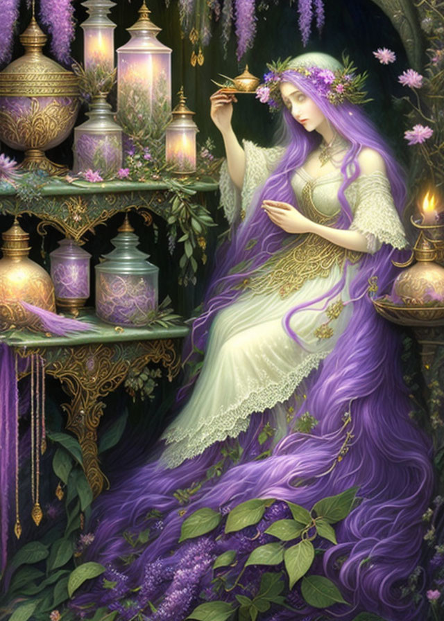 Fantasy illustration of woman with purple hair and flame among lanterns & greenery.