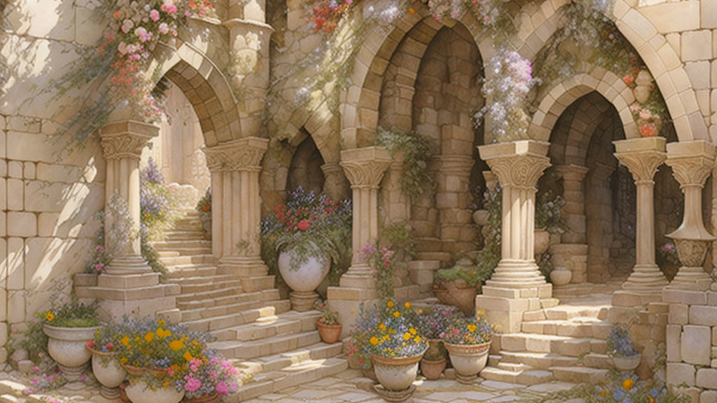 Serene courtyard with stone archways and colorful flowers