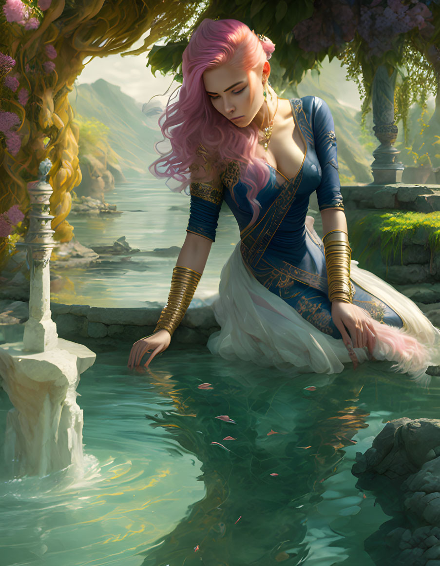 Pink-haired woman in blue gown by serene water in mystic garden