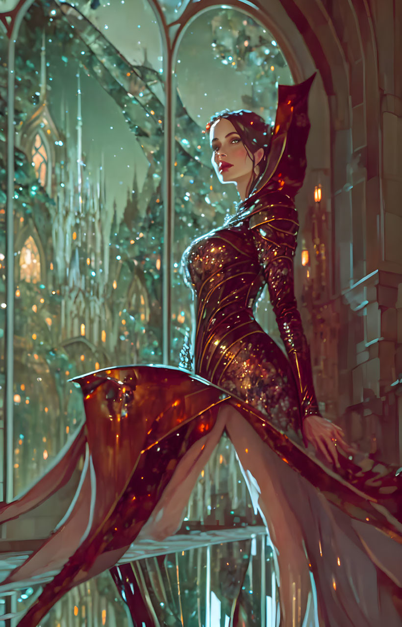 Illustrated female figure in sparkling gown in cathedral-like setting