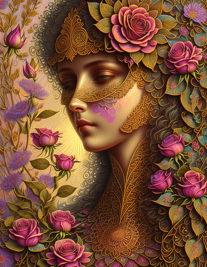 Profile of woman with gold patterns, pink roses, foliage