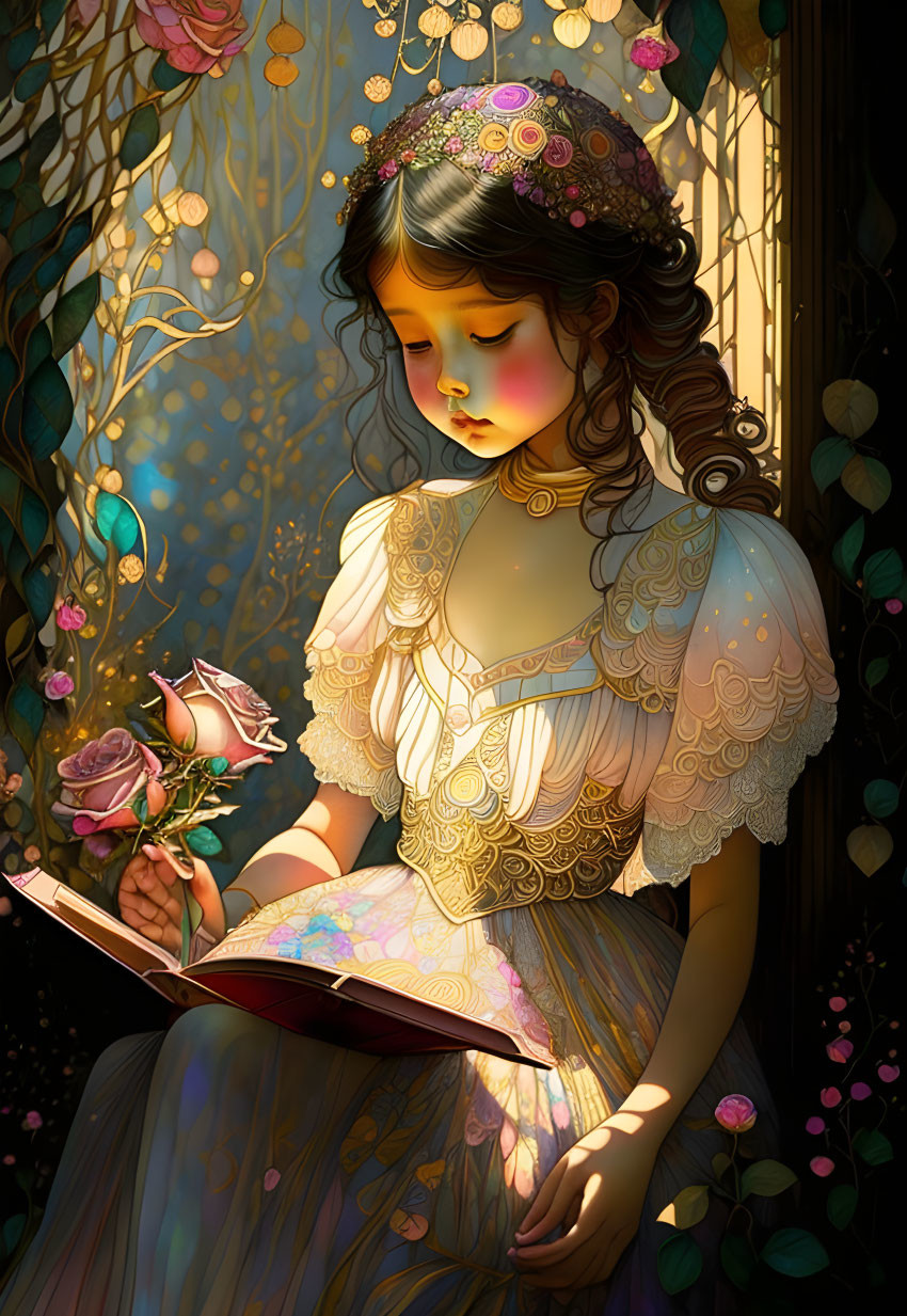 Serene girl in vintage dress with tiara reading book in enchanted forest