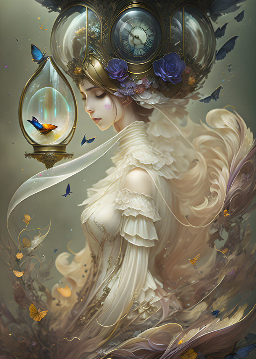 Fantastical woman with clock-inspired headgear and butterflies in dreamy setting