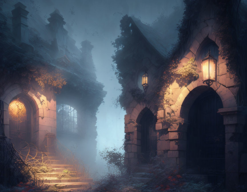 Enchanted Gothic mansion entrance in mystical fog at dusk