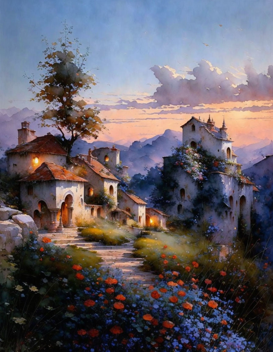 Scenic painting of stone village under twilight sky