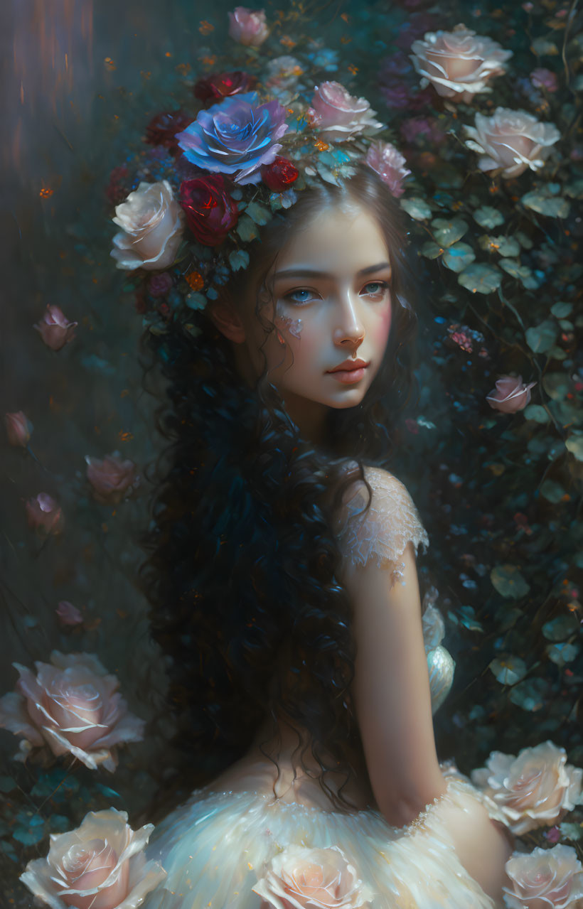 Woman portrait with floral crown and lace detail in dreamy ambiance