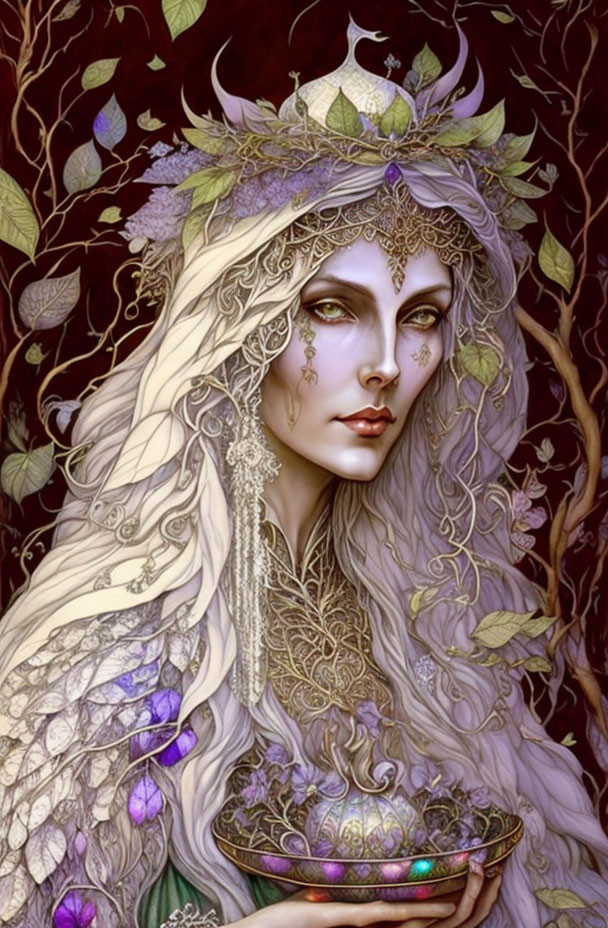 Ethereal figure with pale skin and white hair in decorative headdress amidst intricate foliage