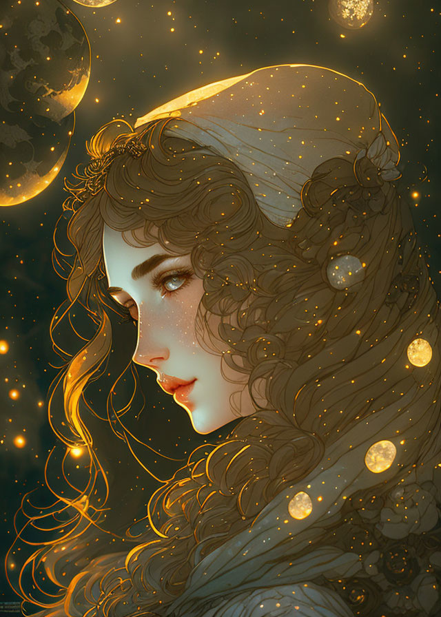 Curly-Haired Woman Under Starry Night Sky with Golden Veil.