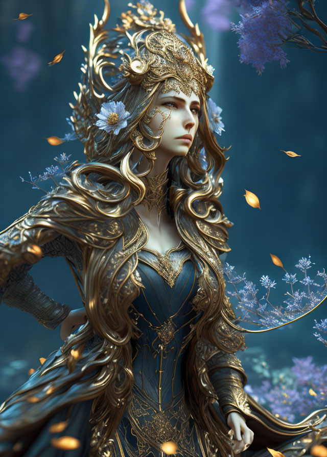 Regal woman in golden headgear and blue attire in mystical woodland