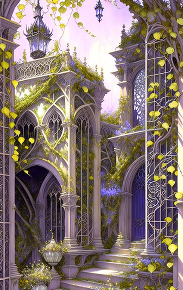 Fantasy garden with Gothic arches & mystical purple ambiance