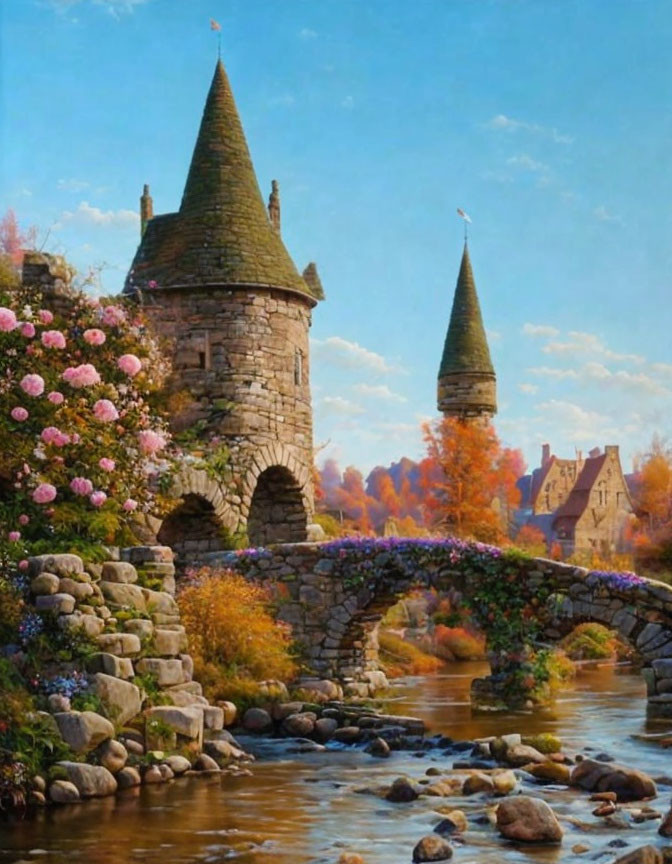 Serene river scene with stone bridge and autumn trees