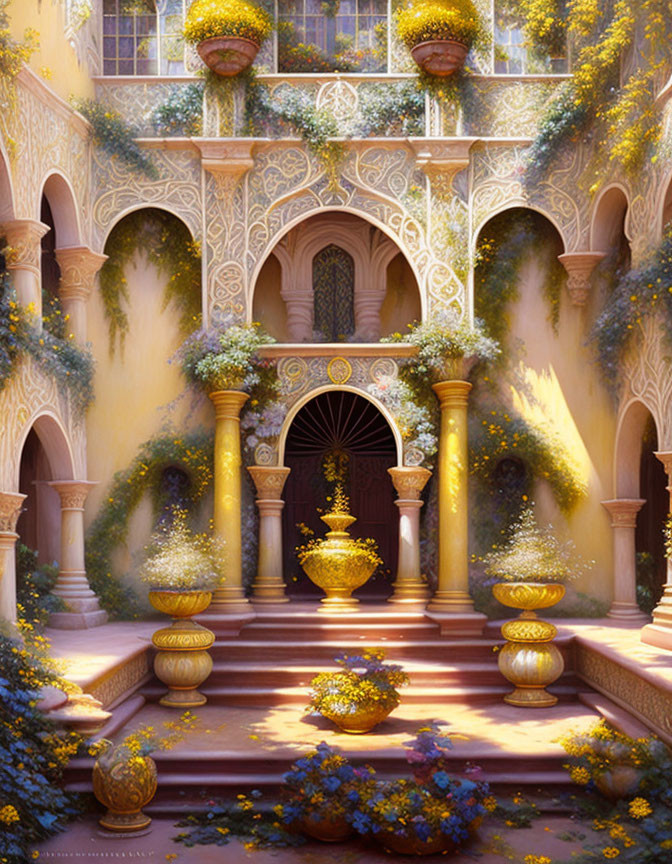 Golden Columned Courtyard with Arches and Flowers