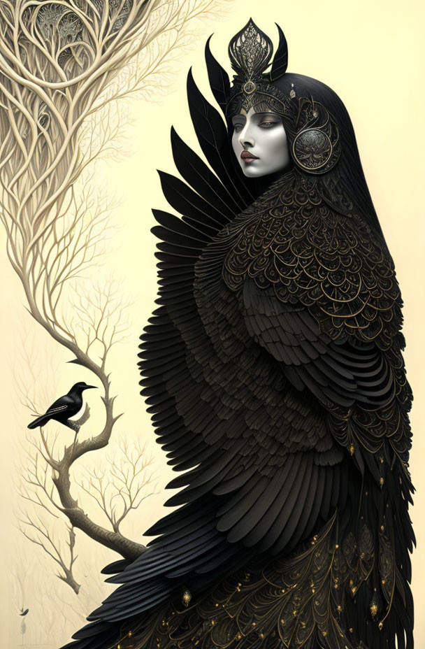 Woman with black feather headdress, raven, and bare tree in monochrome palette