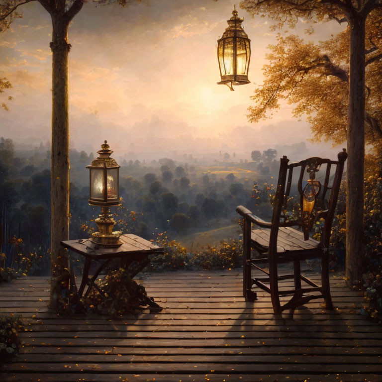 Tranquil sunset porch scene with rocking chair and lanterns