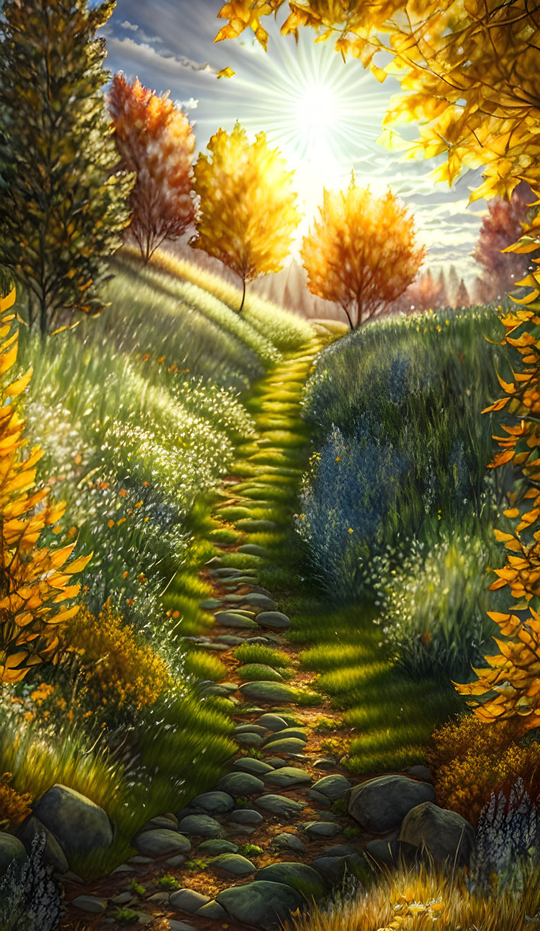 Tranquil autumn pathway with vibrant trees and fallen leaves