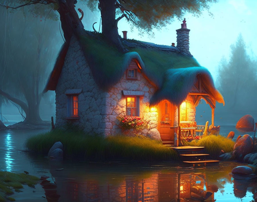 Charming stone cottage by tranquil lake at twilight