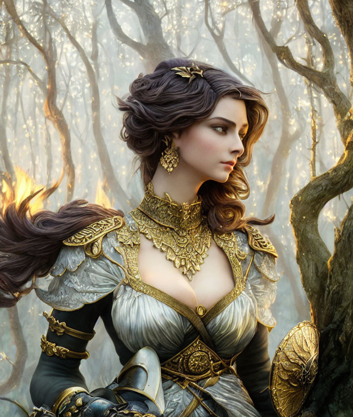 Golden-armored female warrior in mystical forest with blazing trees