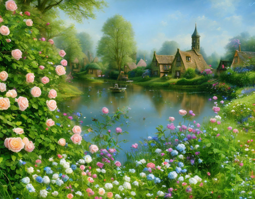 Tranquil village landscape with lake, rowboat, cottages, and flowers