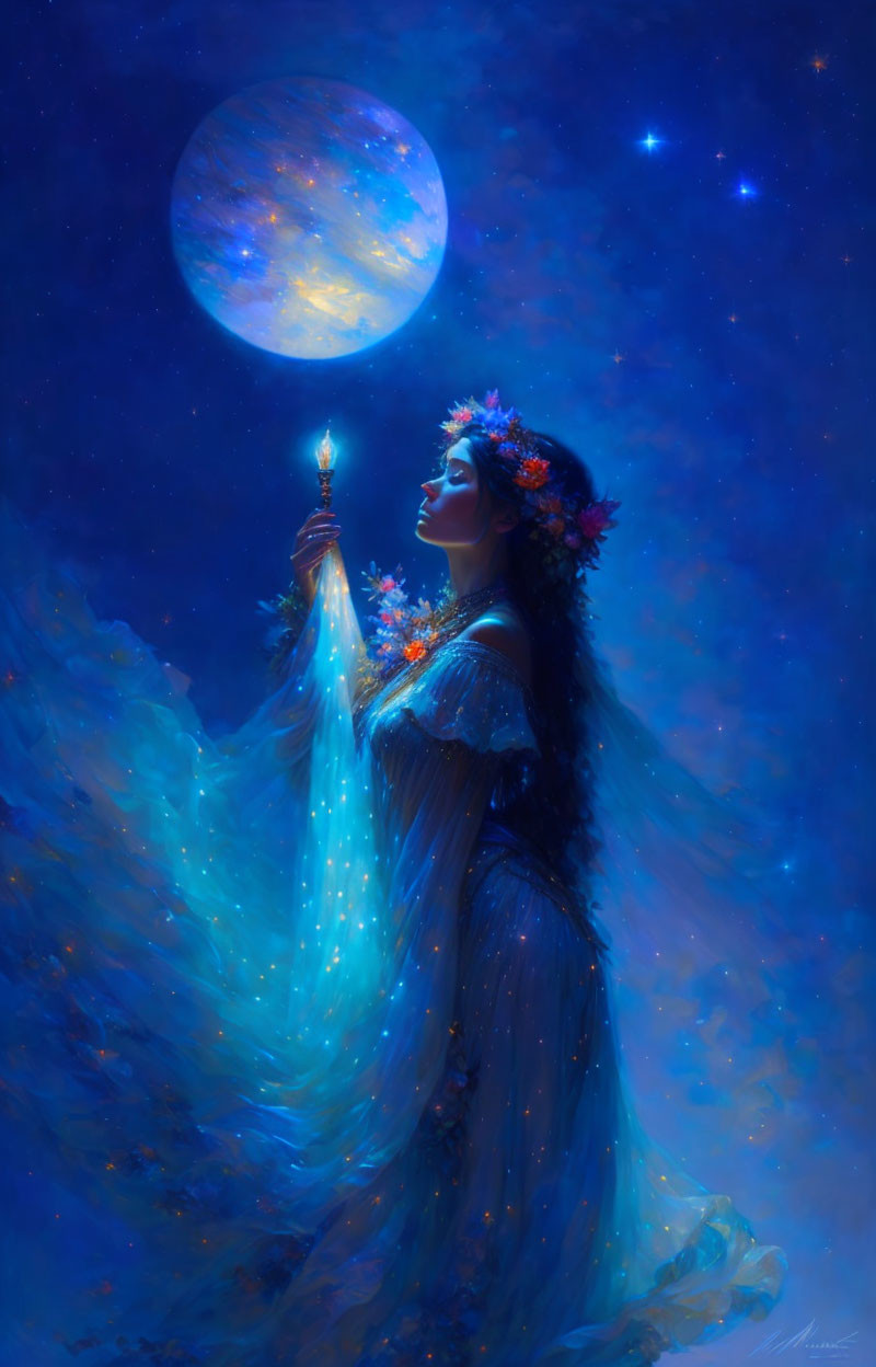 Mystical woman with flower crown under moonlit sky