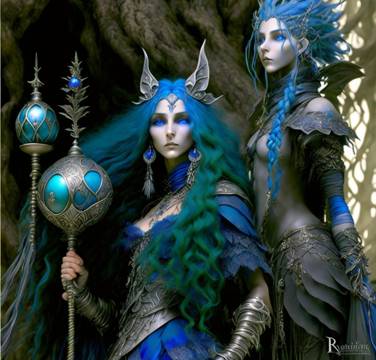 Blue-skinned characters in ornate armor with staffs by a tree - magical fantasy scene