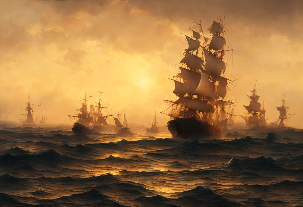 Tall ships with billowing sails in misty golden-lit waters