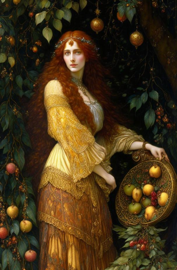 Red-haired woman in golden headpiece with fruit plate, standing in foliage in detailed golden gown