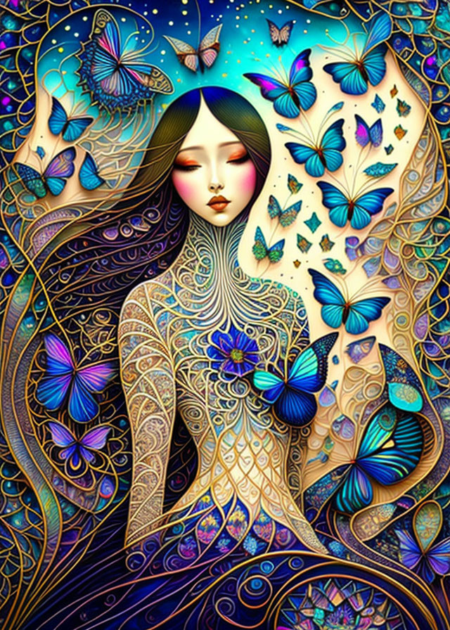 Vibrant illustration of woman with blue butterflies & intricate patterns