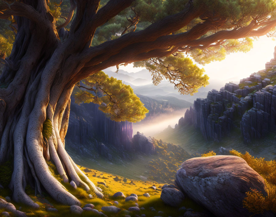 Majestic tree overlooking sunlit valley with cliffs and flowers