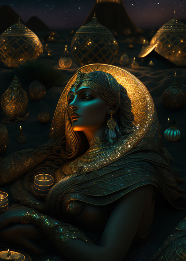 Illustrated woman with gold jewelry under starry night sky