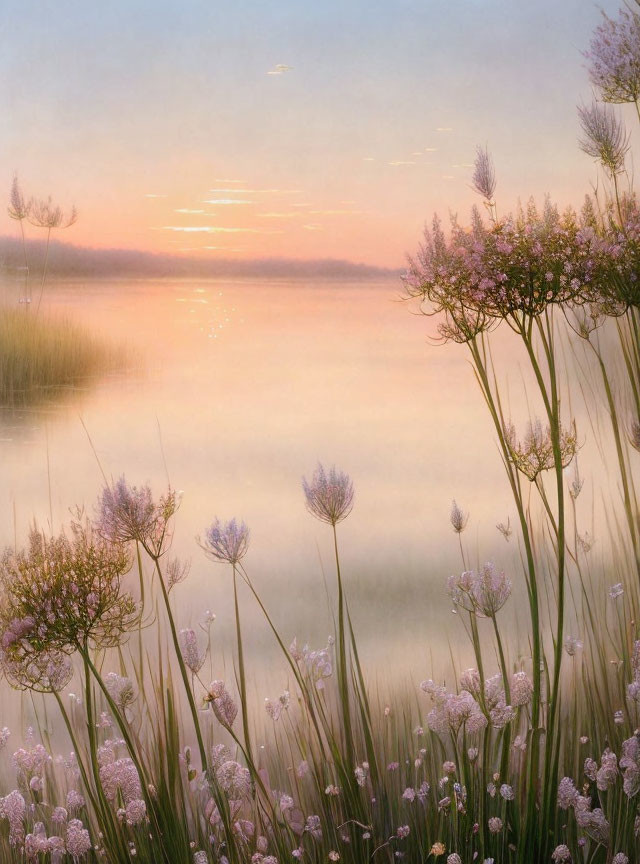 Misty Sunrise Lake with Purple Wildflowers