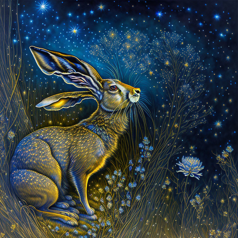 Detailed mystical hare in starry night sky with glowing plants