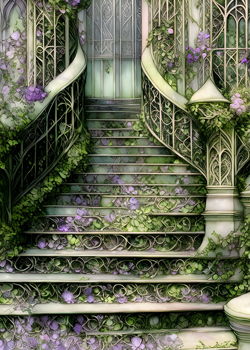 Intricate metalwork staircase with green vines and purple flowers leading to closed doors