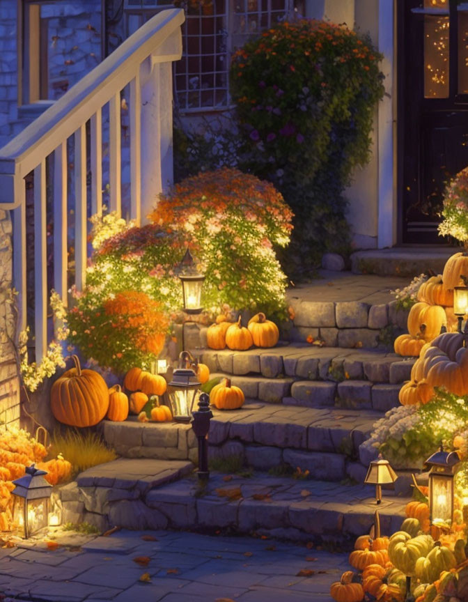 Cozy home entrance with pumpkins on warmly lit stone staircase