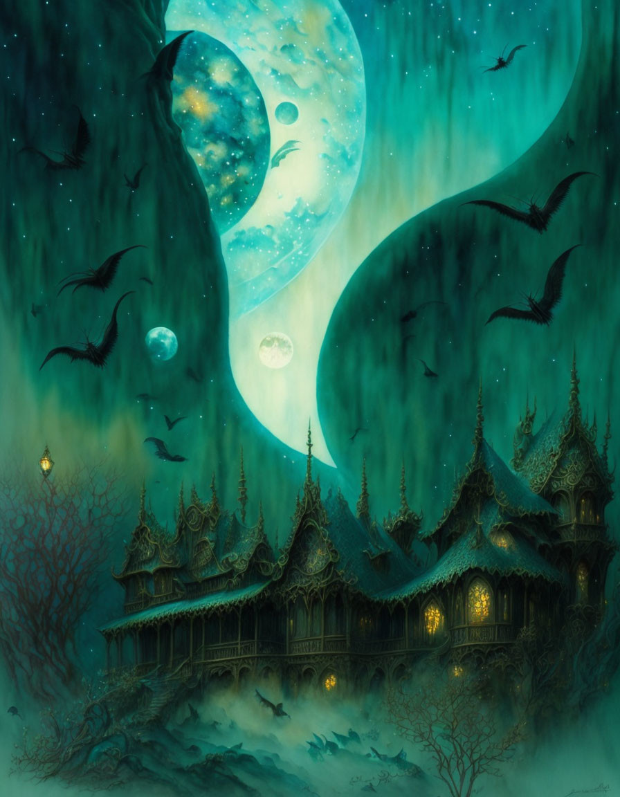 Glowing Gothic castle in moonlit teal sky with flying bird silhouettes