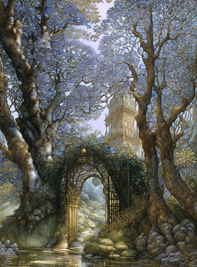 Detailed illustration of mystical forest with iron gate, ancient tower, and river