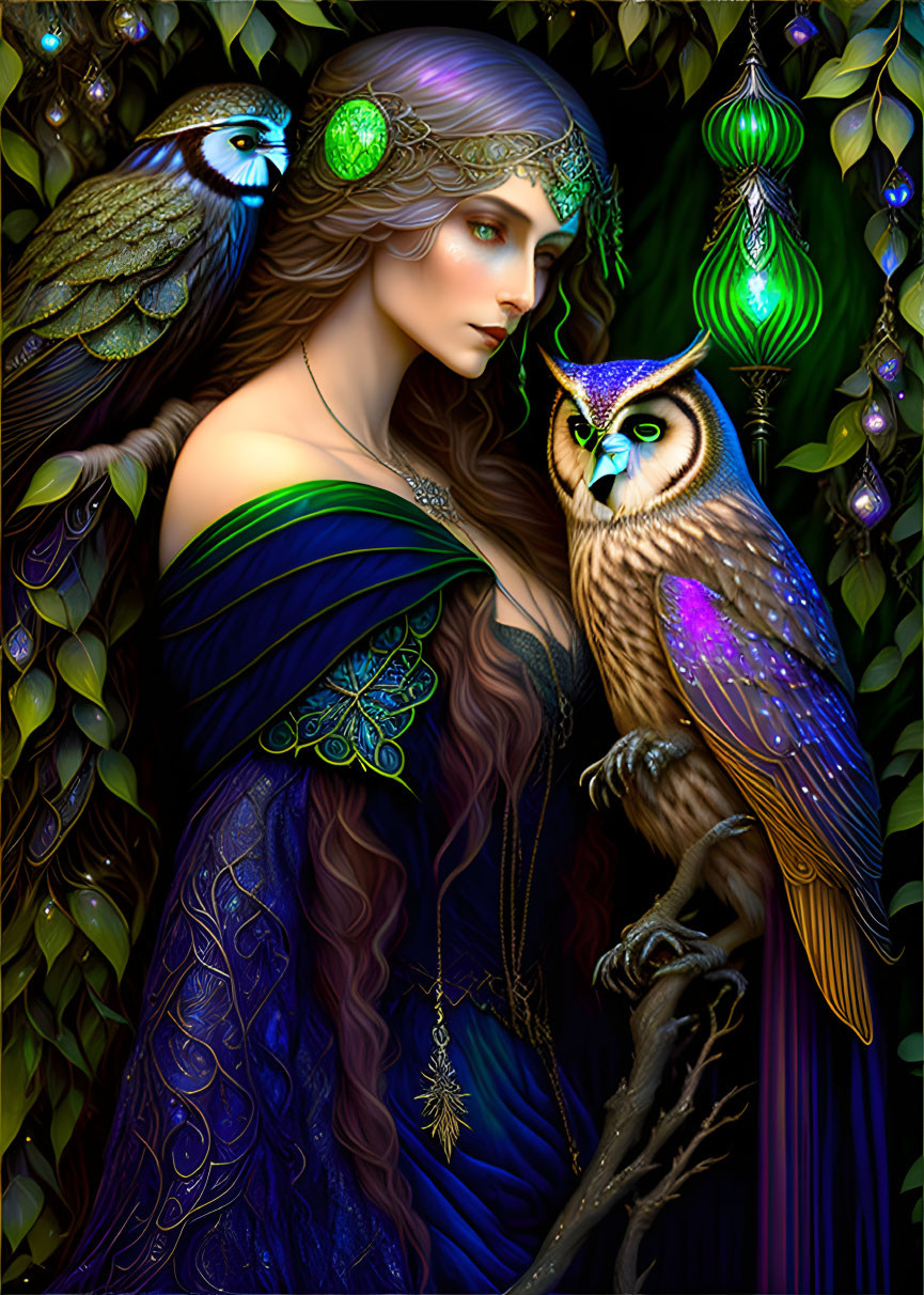 Fantasy artwork of woman with flowing hair and owls in vibrant setting