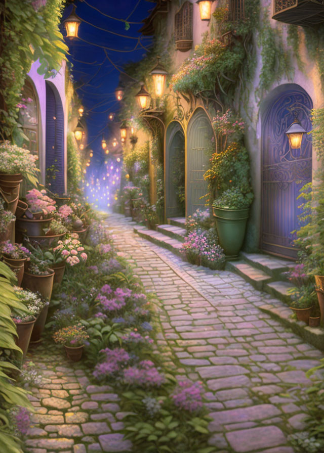 Enchanting Twilight Cobblestone Alley with Glowing Lanterns