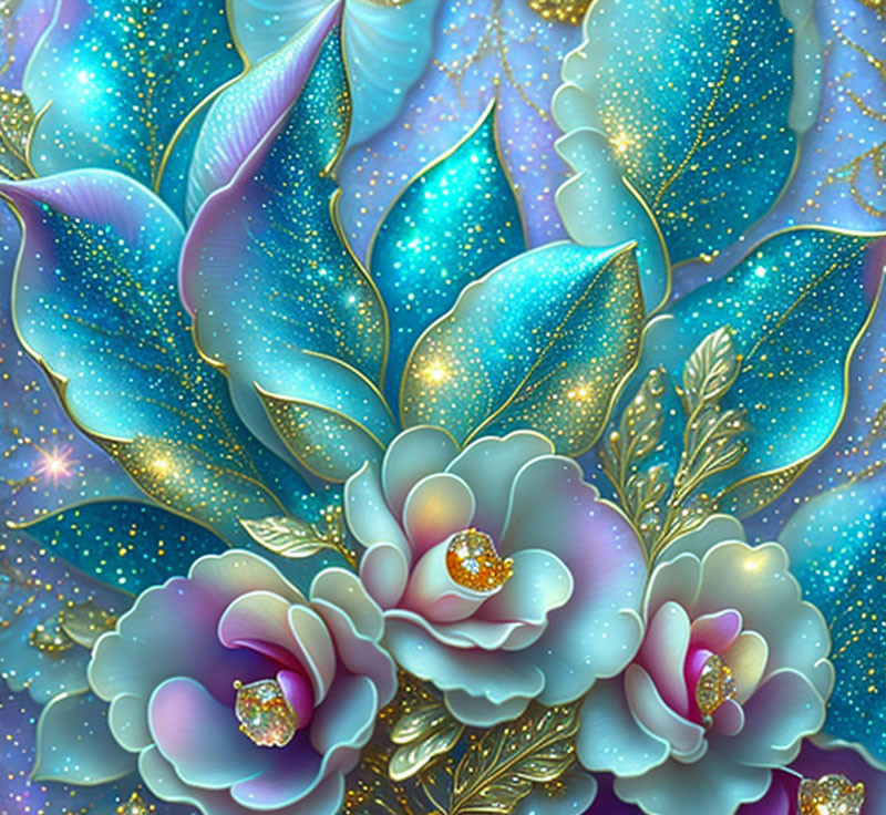 Stylized digital artwork: Blue and purple flowers with gold accents on celestial background