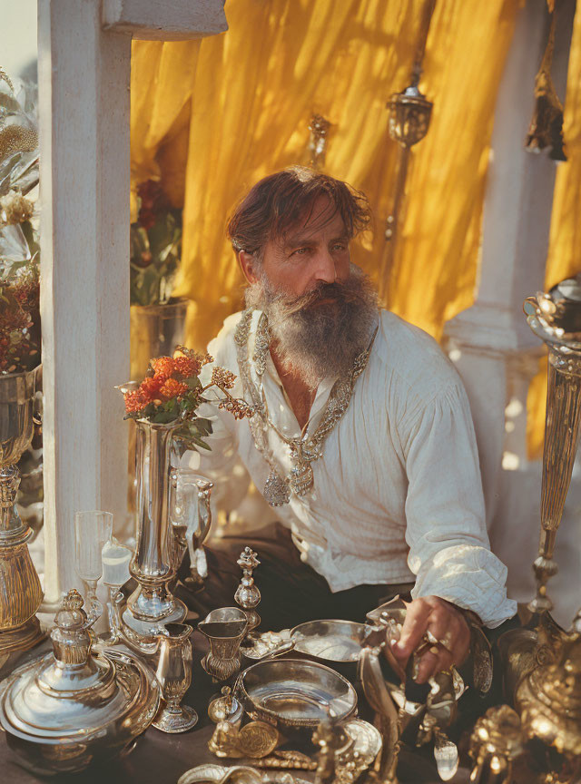 Bearded Man Examining Silverware on Table with Orange Flowers