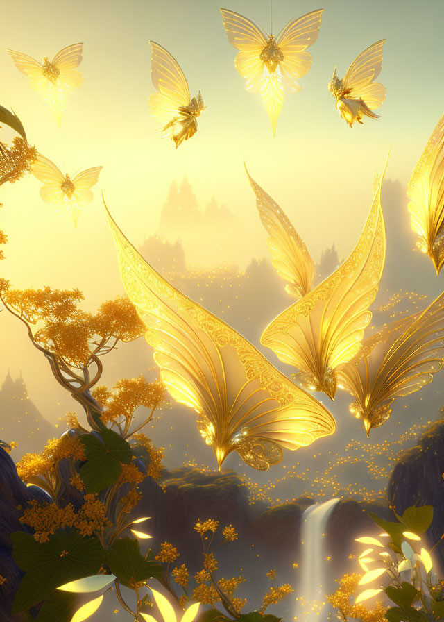 Golden butterflies in mystical forest with glowing foliage and serene waterfall