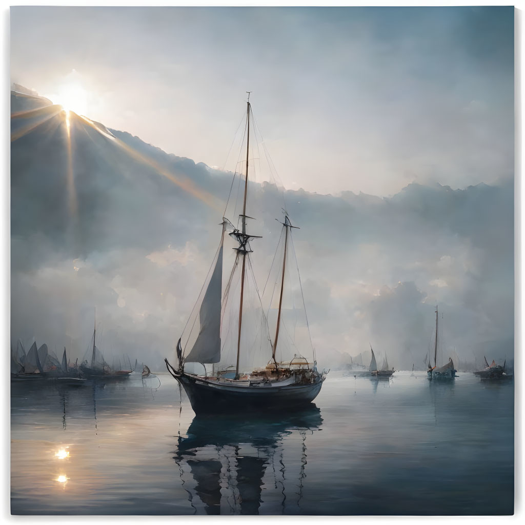 Serene sunrise sailboat scene on calm waters