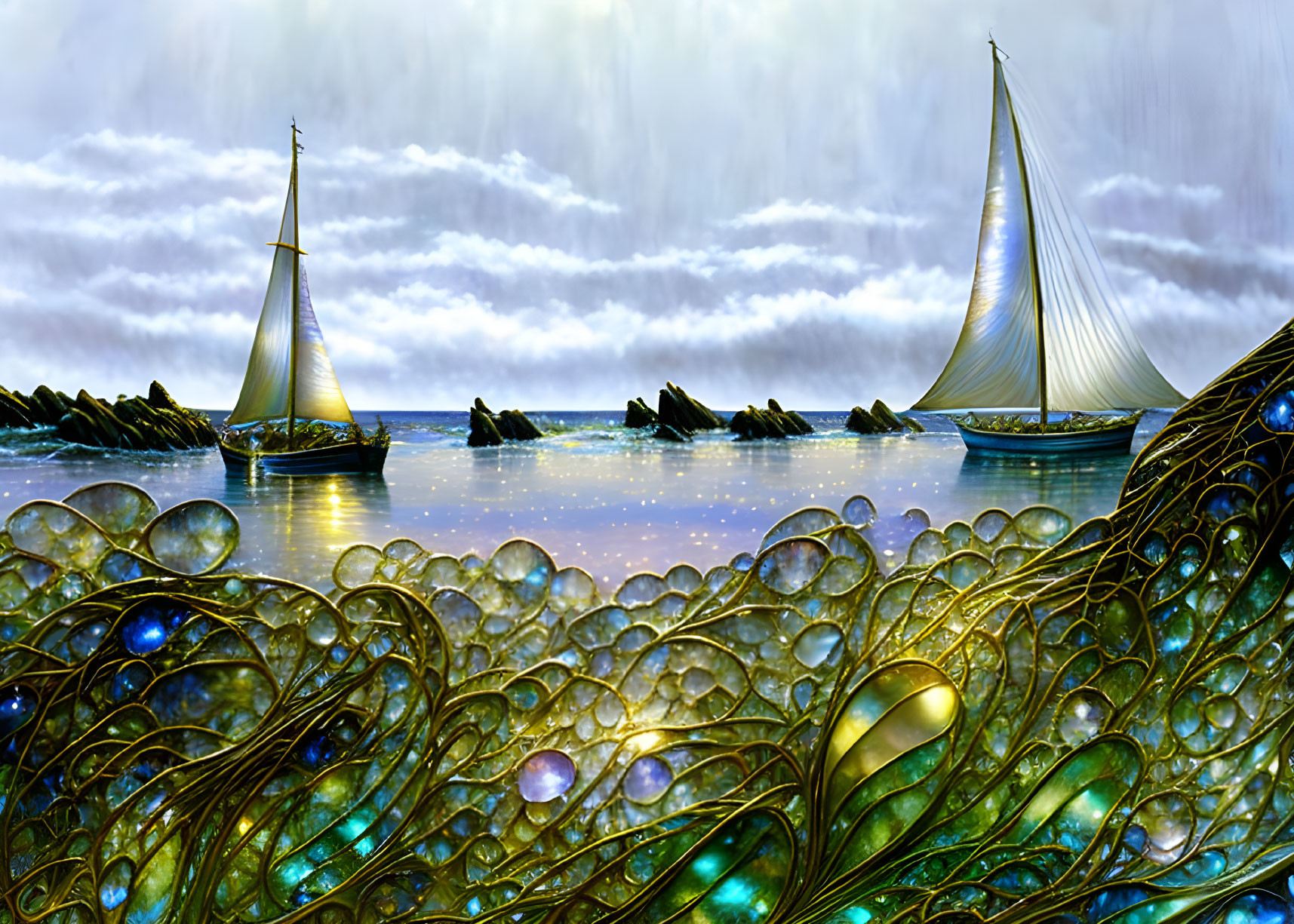 Surreal seascape with sailboats, sparkling waves, peacock feather patterns, and moody