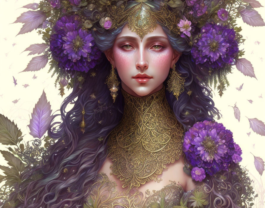 Purple-skinned woman with ornate floral headdress and gold jewelry.