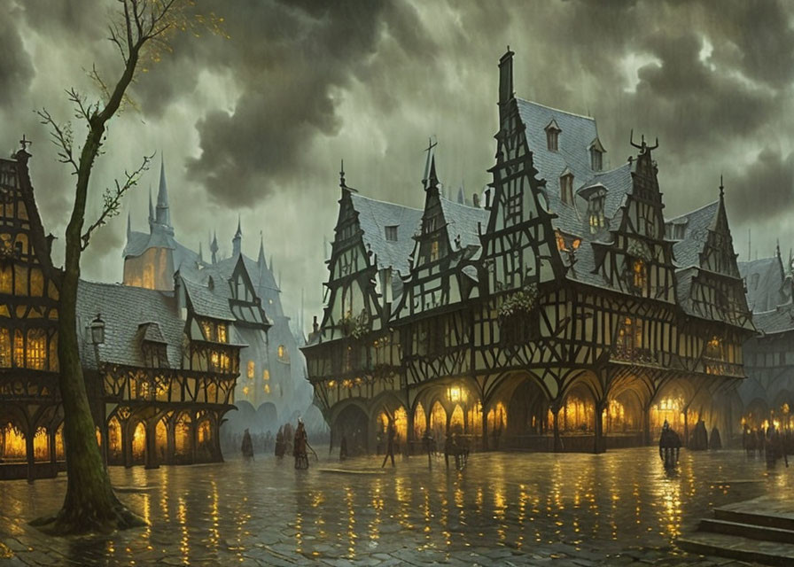 Medieval fantasy village with half-timbered buildings under stormy sky